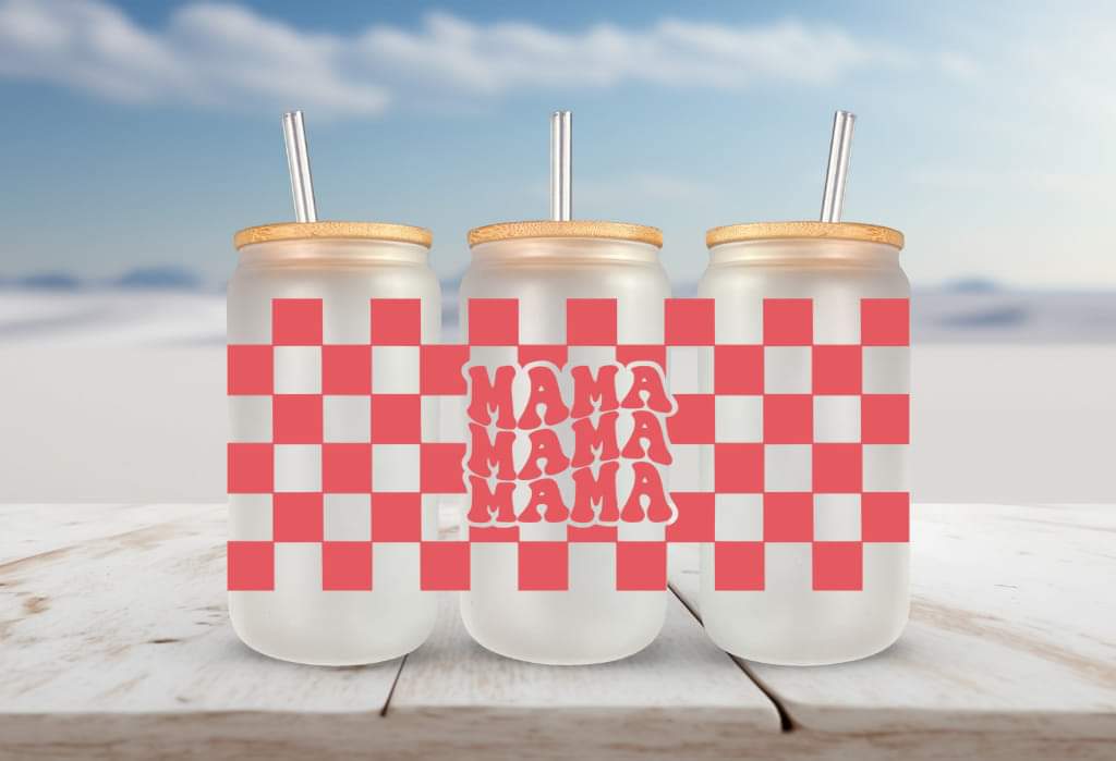 RED Repeating Mama checkered FOR Libbey glass can 16oz UV DTF cup wrap decals for tumblers