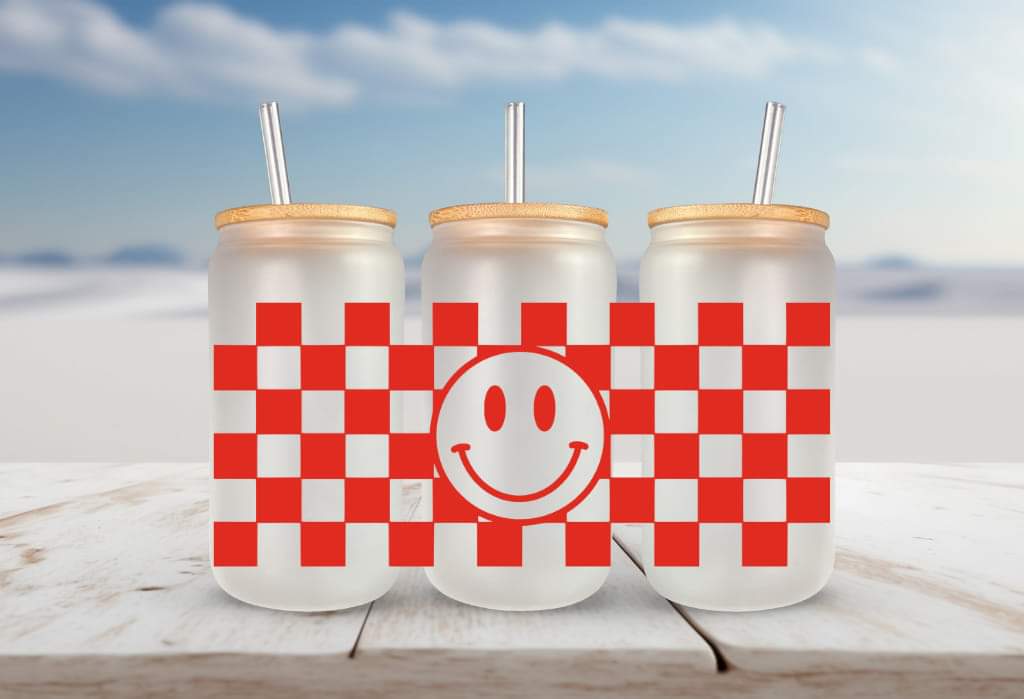 Red checkered happy face FOR Libbey glass can 16oz UV DTF cup wrap decals for tumblers