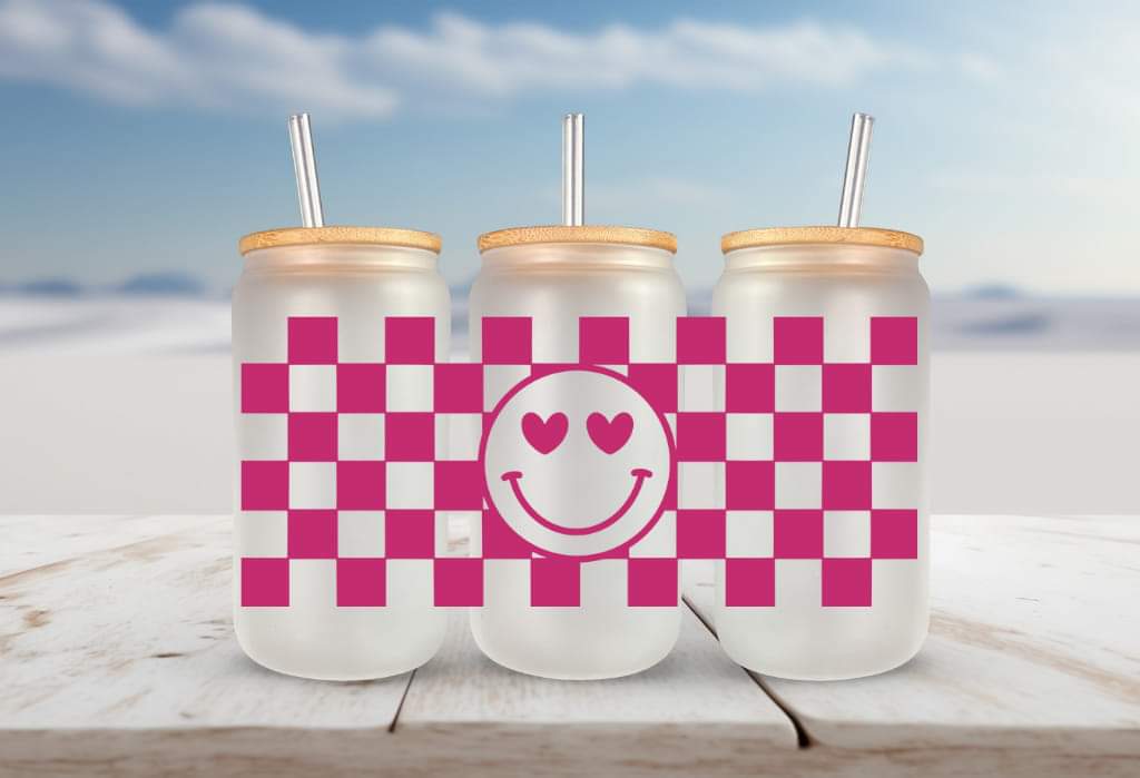 Magenta checkered heart eyes happy face FOR Libbey glass can 16oz UV DTF cup wrap decals for tumblers