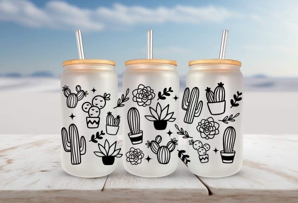 Cactus repeating pattern FOR Libbey glass can 16oz UV DTF cup wrap decals for tumblers