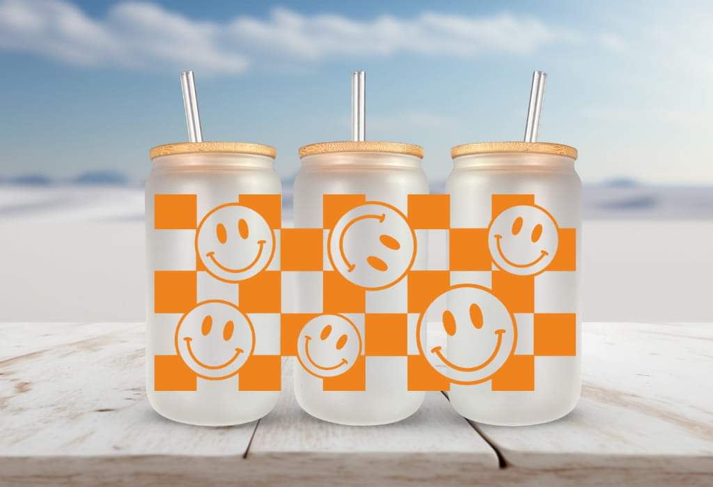 Orange checkered happy faces FOR Libbey glass can 16oz UV DTF cup wrap decals for tumblers
