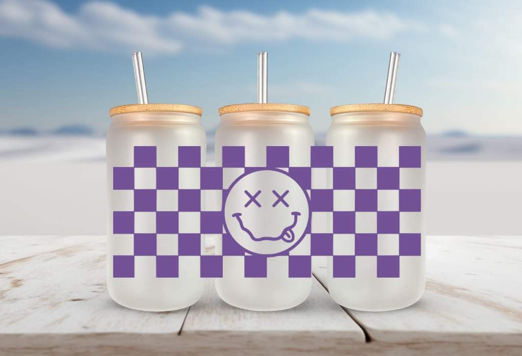Purple checkered happy face cute silly FOR Libbey glass can 16oz UV DTF cup wrap decals for tumblers