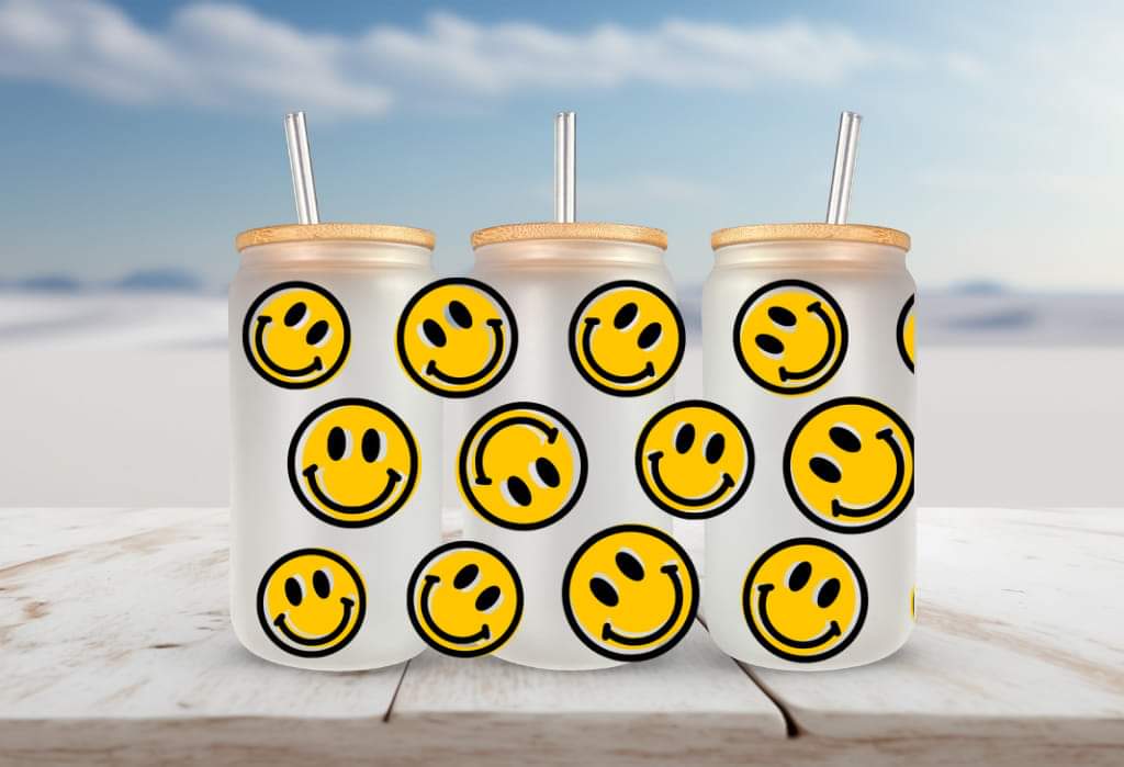 Yellow and black happy faces repeating smile FOR Libbey glass can 16oz UV DTF cup wrap decals for tumblers