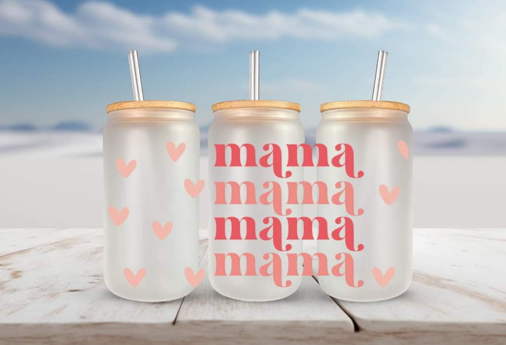 Repeating Mama with hearts FOR Libbey glass can 16oz UV DTF cup wrap decals for tumblers
