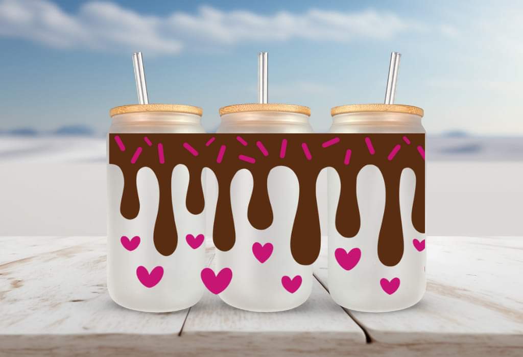 Dripping chocolate with sprinkles and hearts FOR Libbey glass can 16oz UV DTF cup wrap decals for tumblers