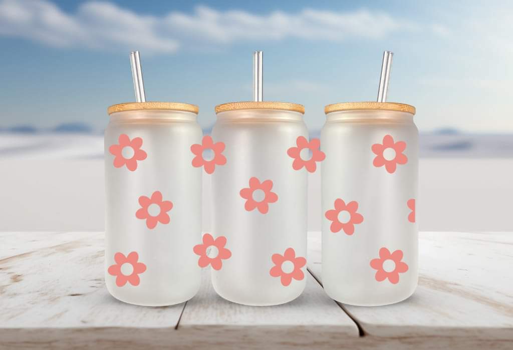 Coral flowers seamless BLACK FOR Libbey glass can 16oz UV DTF cup wrap decals for tumblers