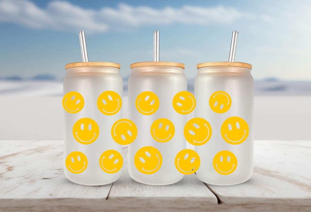 Yellow repeating happy face BLACK FOR Libbey glass can 16oz UV DTF cup wrap decals for tumblers