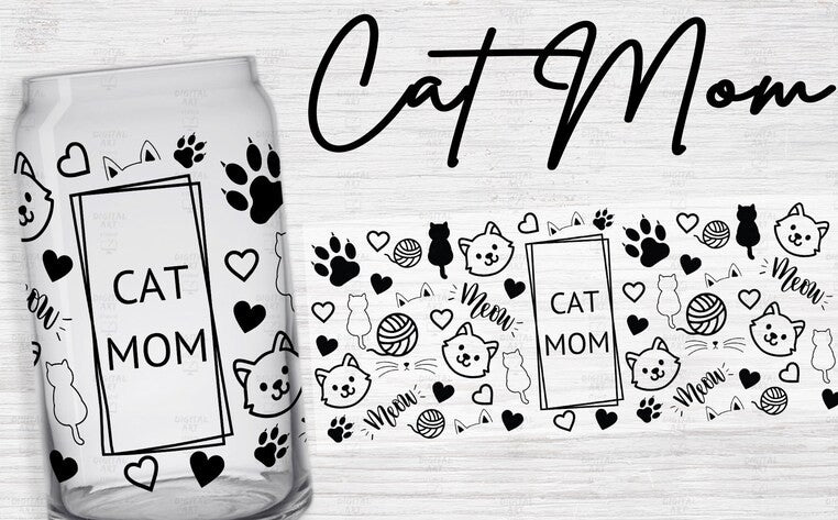 Cat Mom cute kittens black FOR Libbey glass can 16oz UV DTF cup wrap decals for tumblers