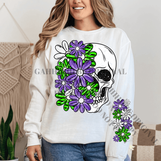 Skellie purple & green BJ - DTF TRANSFER (floral letters & skellies & sleeves MMD)