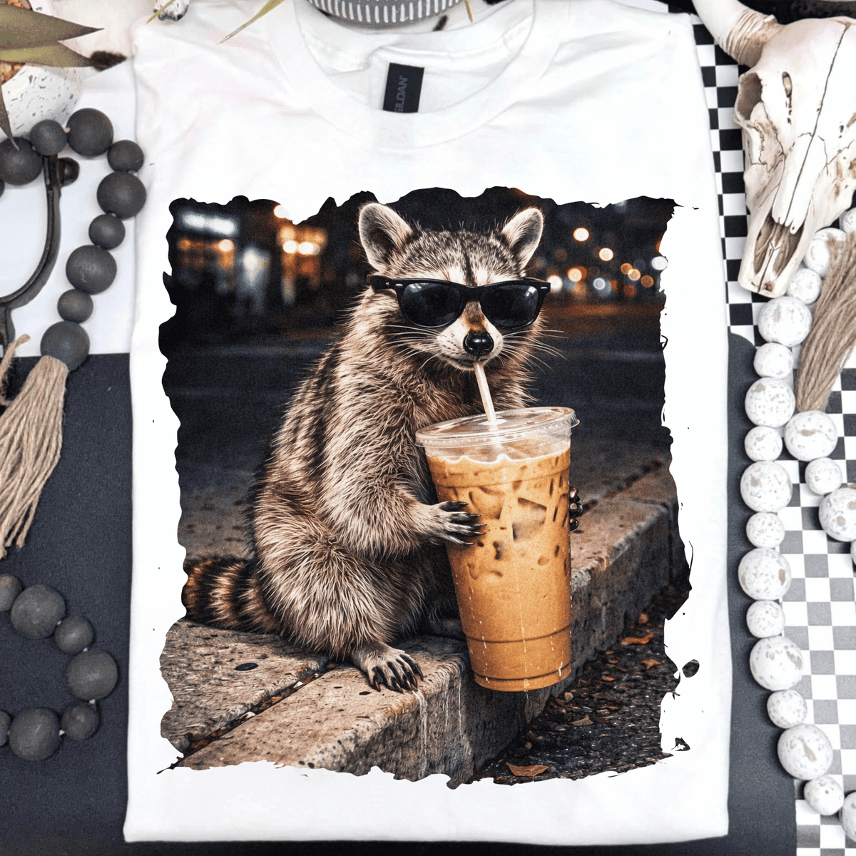 Raccoon drinking iced coffee - DTF TRANSFER (PVC)