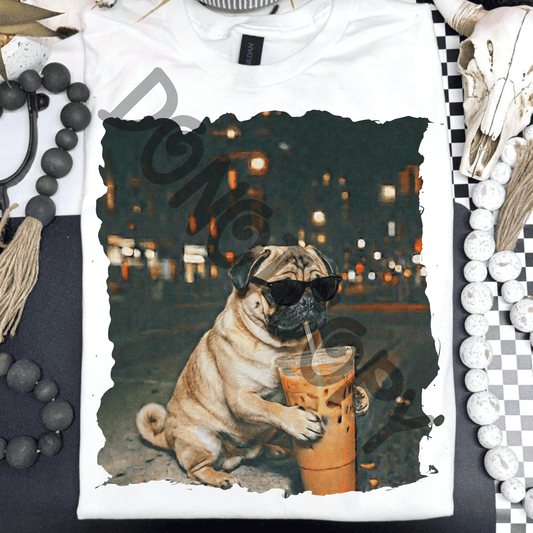 Pug drinking iced coffee - DTF TRANSFER (PVC)