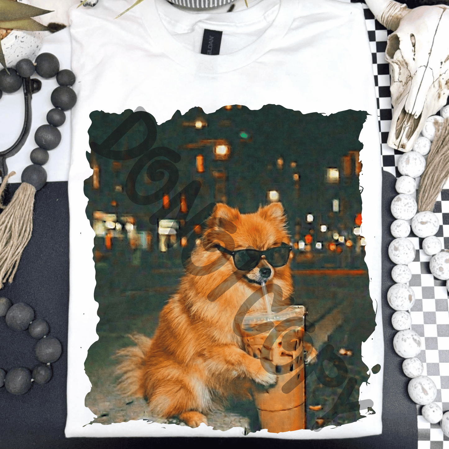 Pomeranian drinking iced coffee - DTF TRANSFER (PVC)