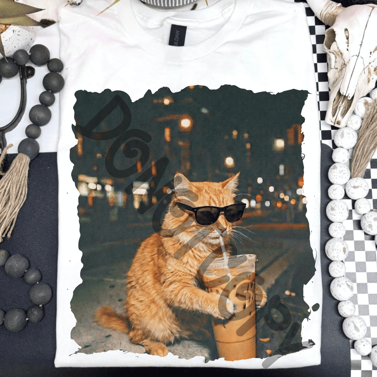 Orange cat drinking iced coffee - DTF TRANSFER (PVC)