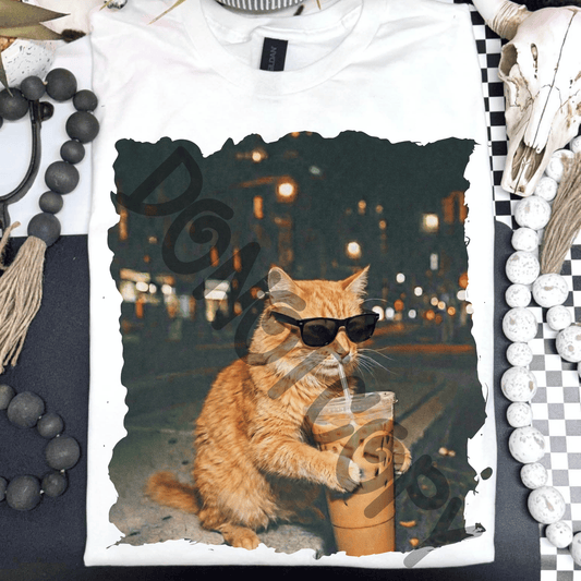 Orange cat drinking iced coffee - DTF TRANSFER (PVC)