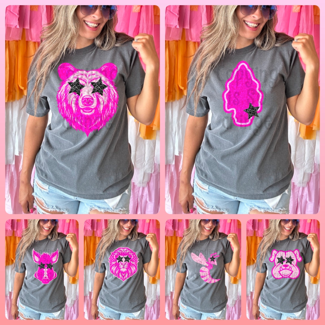 Preppy pink faux glitter star eyes football mascot teams - DTF TRANSFER (TCC)