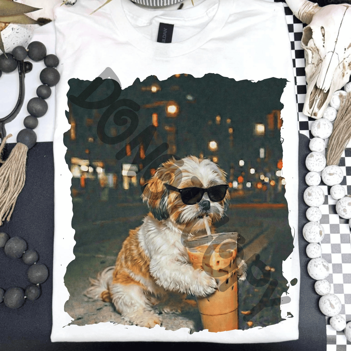 Shih Tzu drinking iced coffee - DTF TRANSFER (PVC)