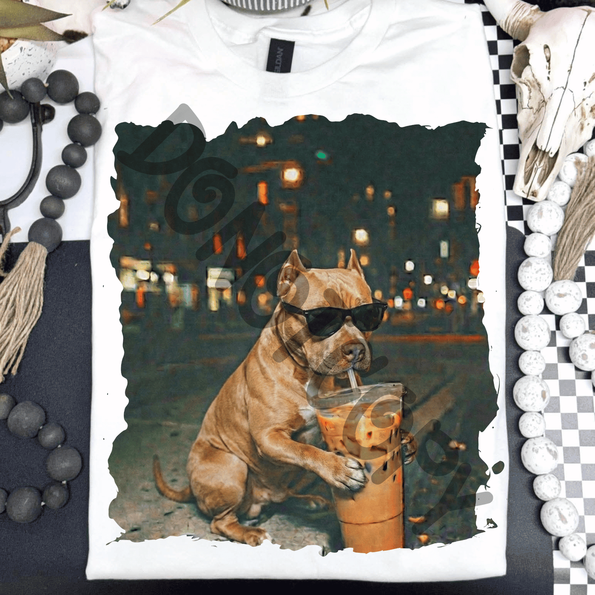 Pit bull drinking iced coffee - DTF TRANSFER (PVC)