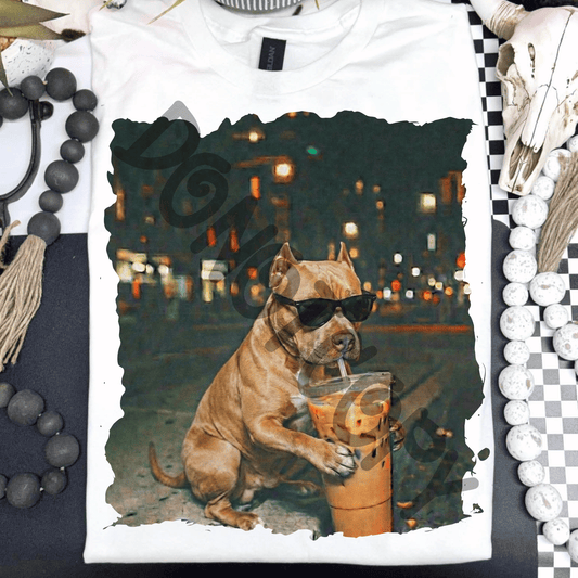 Pit bull drinking iced coffee - DTF TRANSFER (PVC)