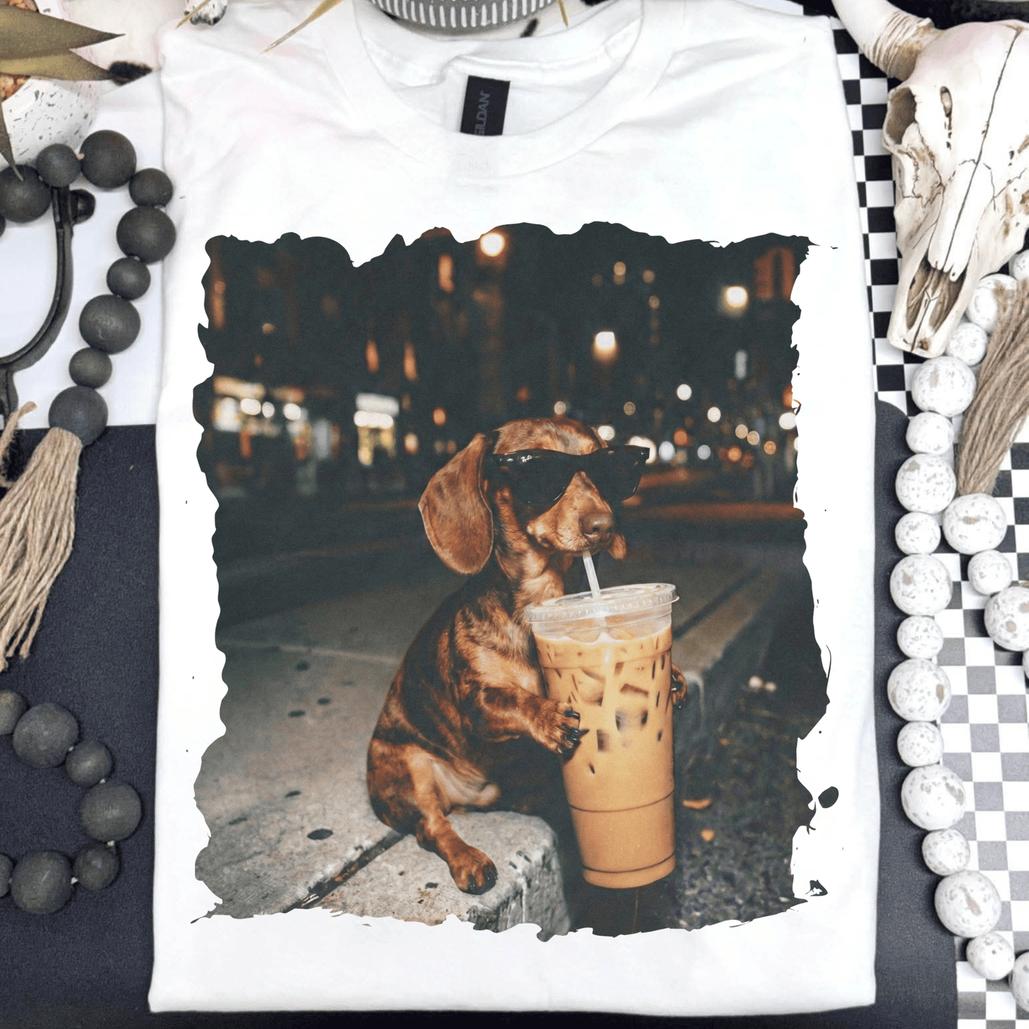 Weenie dog dachshund drinking iced coffee - DTF TRANSFER (PVC)