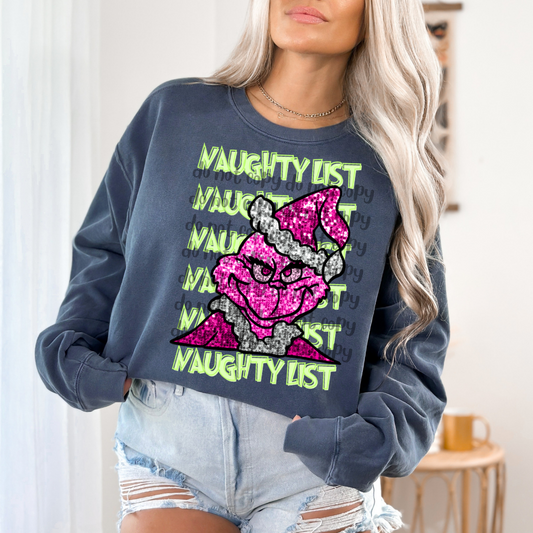 Naughty List repeating faux sequin pink Grouch - DTF TRANSFER ONLY (WRS)