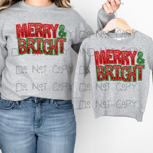 Merry & Bright red green faux sequins and embroidery - DTF TRANSFER ONLY