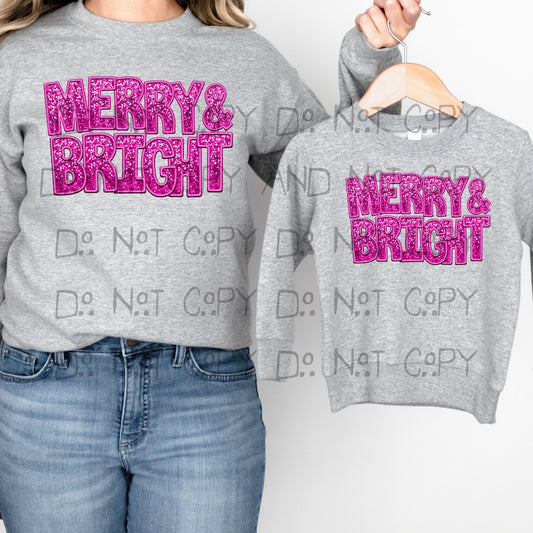 Merry & Bright PINK faux sequins and embroidery - DTF TRANSFER ONLY