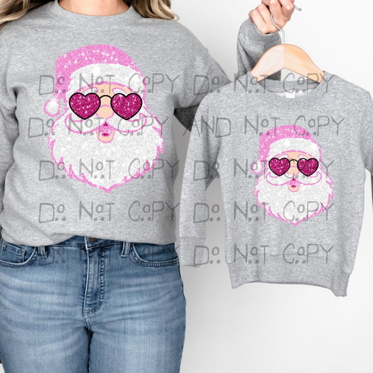 Pink Santa faux glitter with heart glasses hippie - DTF TRANSFER ONLY