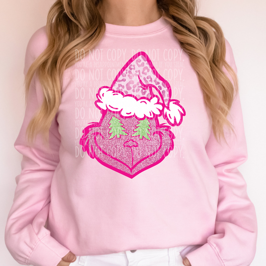 Pink tree eyes grouch face faux glitter sequins ; DTF TRANSFER ONLY