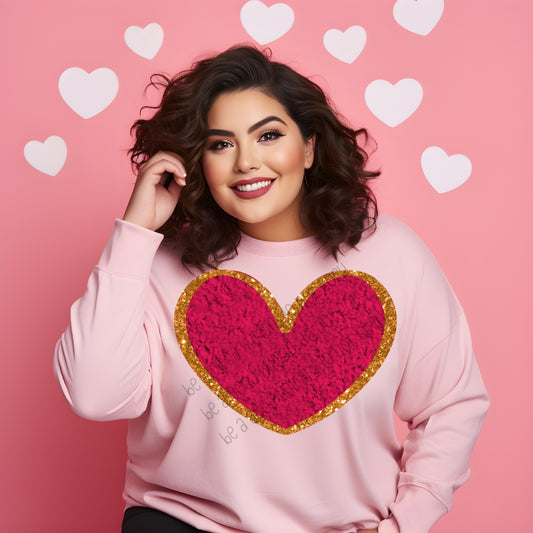Faux chenille heart hot pink gold - DTF TRANSFER (SCRLW)