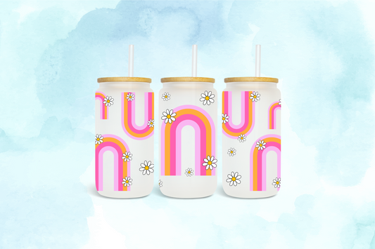Retro boho rainbows and flowers - UV dtf wrap 16oz libbey