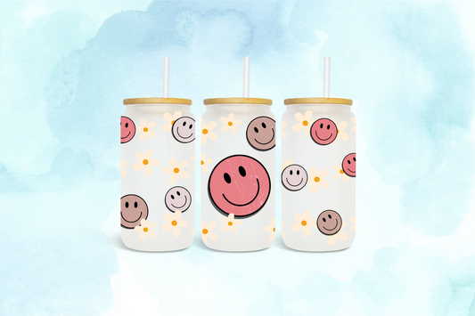 Distressed pastel smileys and flowers - UV dtf wrap 16oz libbey