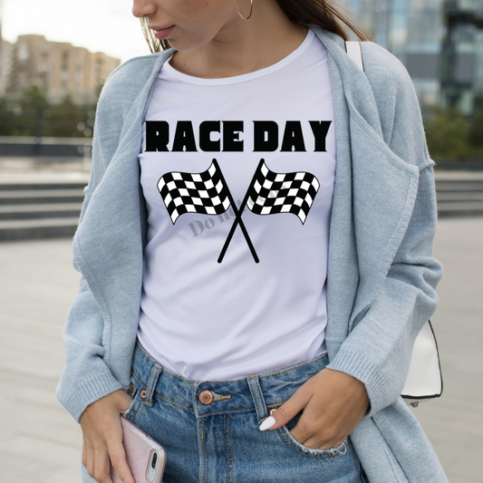 Race Day with checkered flags black - DTF TRANSFER ONLY