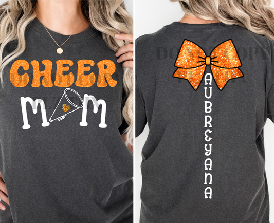 Cheer, Cheer Mom, Cheer Aunt front & back faux glitter, custom, personalized ; DTF TRANSFER ONLY (WRS)