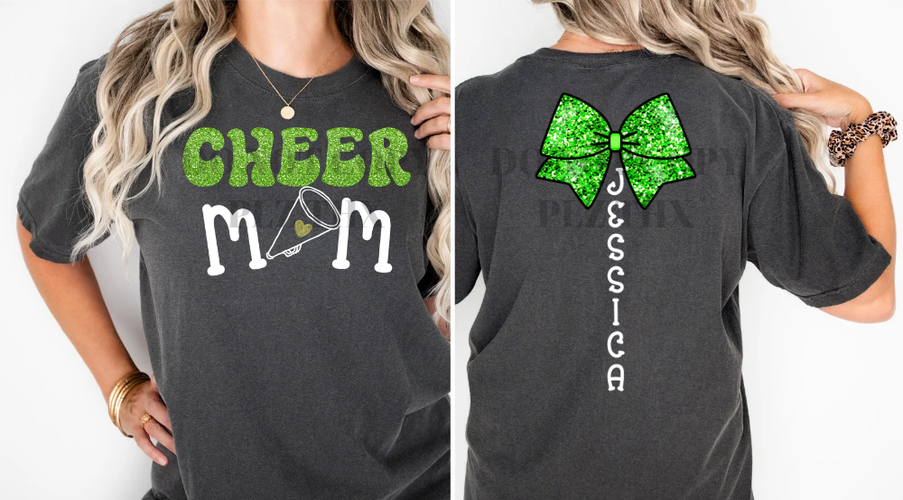 Cheer, Cheer Mom, Cheer Aunt front & back faux glitter, custom, personalized ; DTF TRANSFER ONLY (WRS)