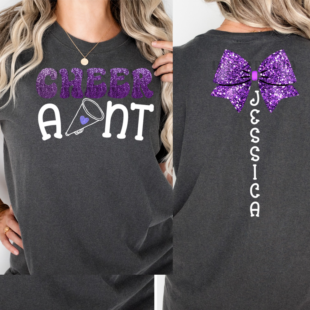 Cheer, Cheer Mom, Cheer Aunt front & back faux glitter, custom, personalized ; DTF TRANSFER ONLY (WRS)