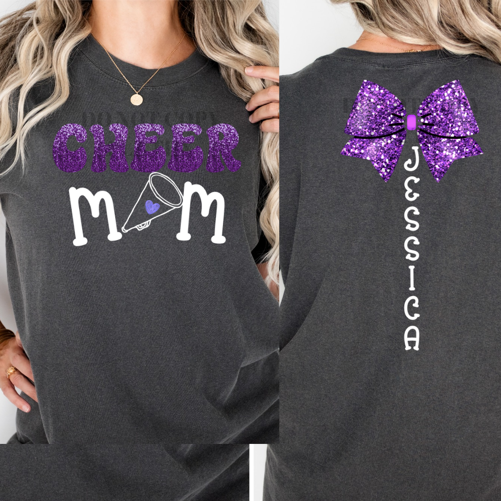 Cheer, Cheer Mom, Cheer Aunt front & back faux glitter, custom, personalized ; DTF TRANSFER ONLY (WRS)