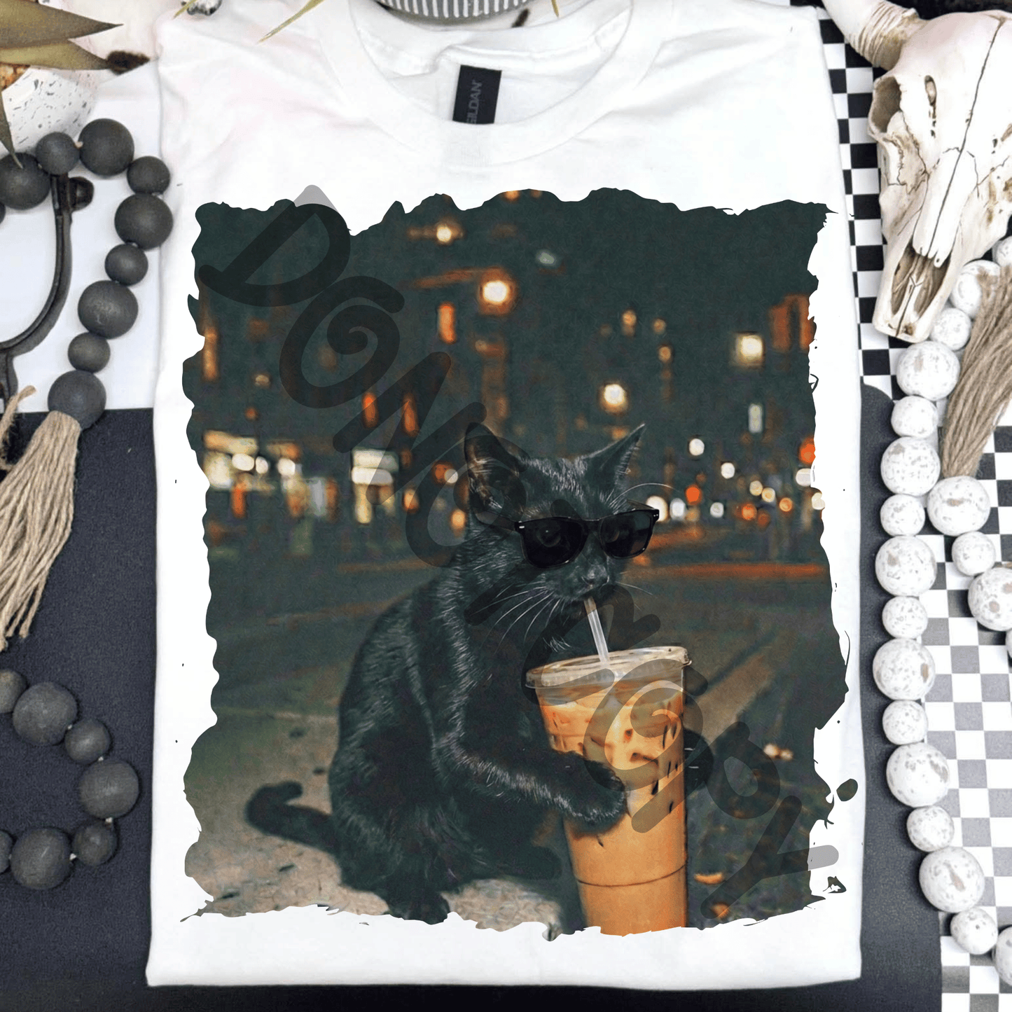 Black cat drinking iced coffee - DTF TRANSFER (PVC)