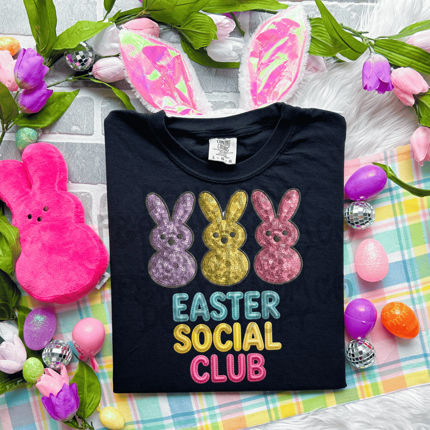 Easter Social Club faux sequin - DTF TRANSFER (Eggstravaganza multi designer collab)