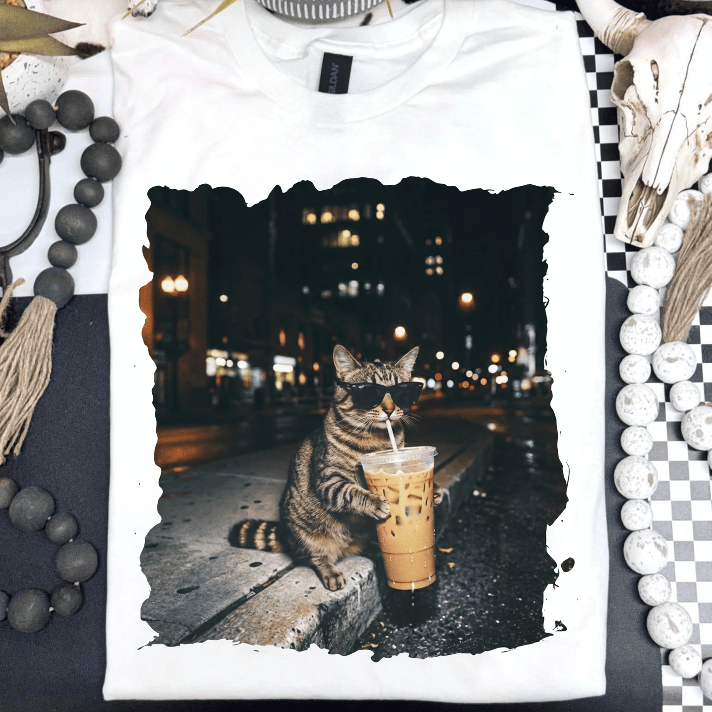 Cat drinking iced coffee - DTF TRANSFER (PVC)