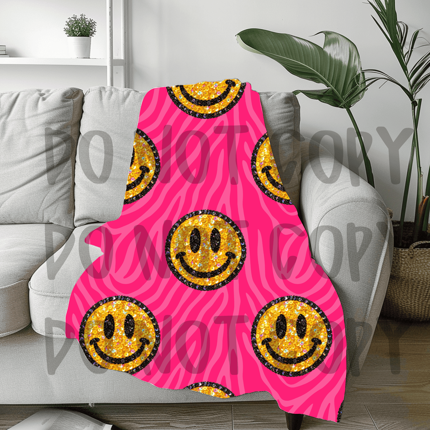 Pink zebra sequin smiley - soft sherpa feel blanket 50x60