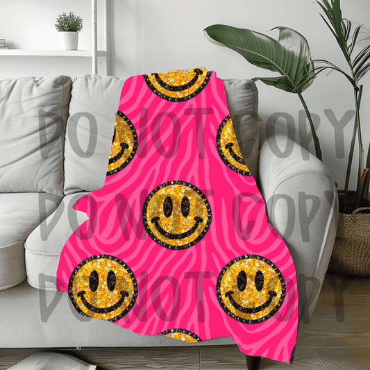 Pink zebra sequin smiley - soft sherpa feel blanket 50x60
