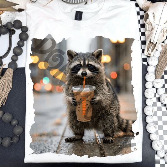 Raccoon drinking DD iced coffee - DTF TRANSFER (PVC)