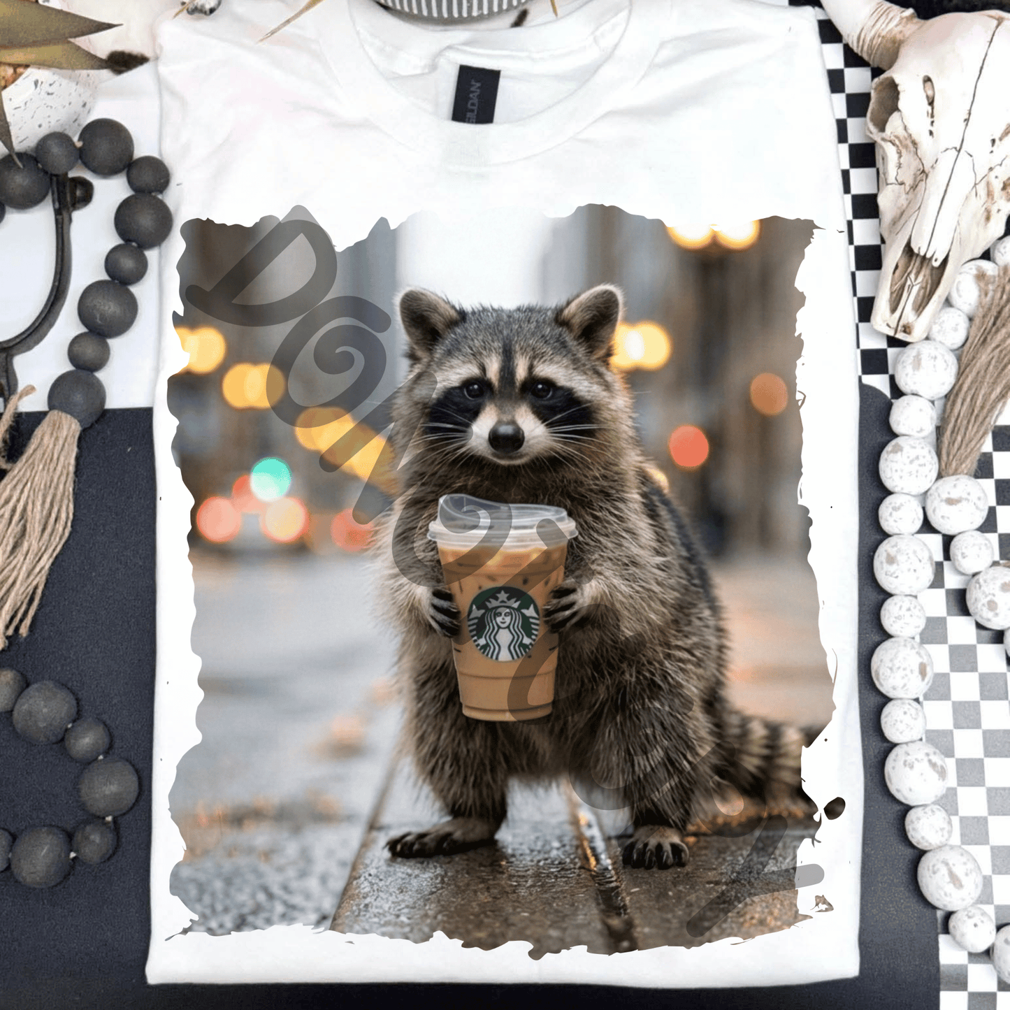 Raccoon drinking Starbies iced coffee - DTF TRANSFER (PVC)