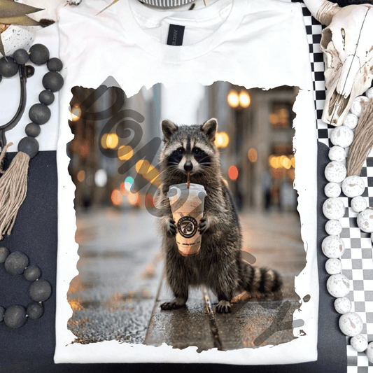 Raccoon drinking 7B iced coffee - DTF TRANSFER (PVC)