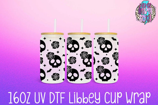 Skulls and Bats - FOR Libbey glass can 16oz UV DTF cup wrap decal