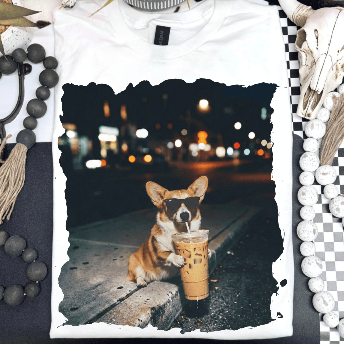 Corgi drinking iced coffee - DTF TRANSFER (PVC)