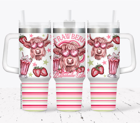 Strawberry Milkshake Club highland cow ; UV DTF 40OZ TUMBLER Wrap (top & bottom) AGCM