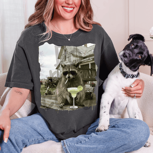 Raccoon front porch drinking margarita - DTF TRANSFER (PVC)