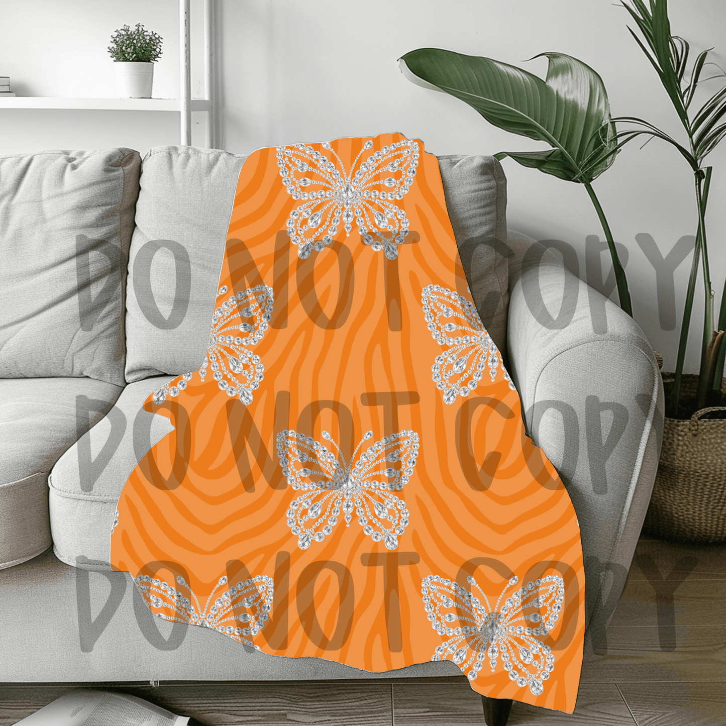 Orange zebra rhinestone butterfly - soft sherpa feel blanket 50x60