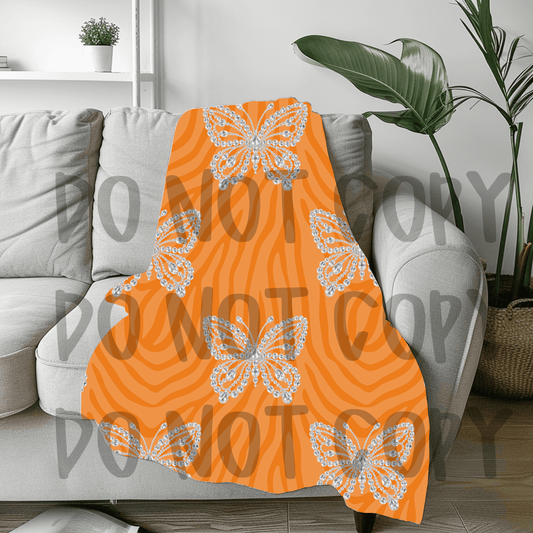 Orange zebra rhinestone butterfly - soft sherpa feel blanket 50x60